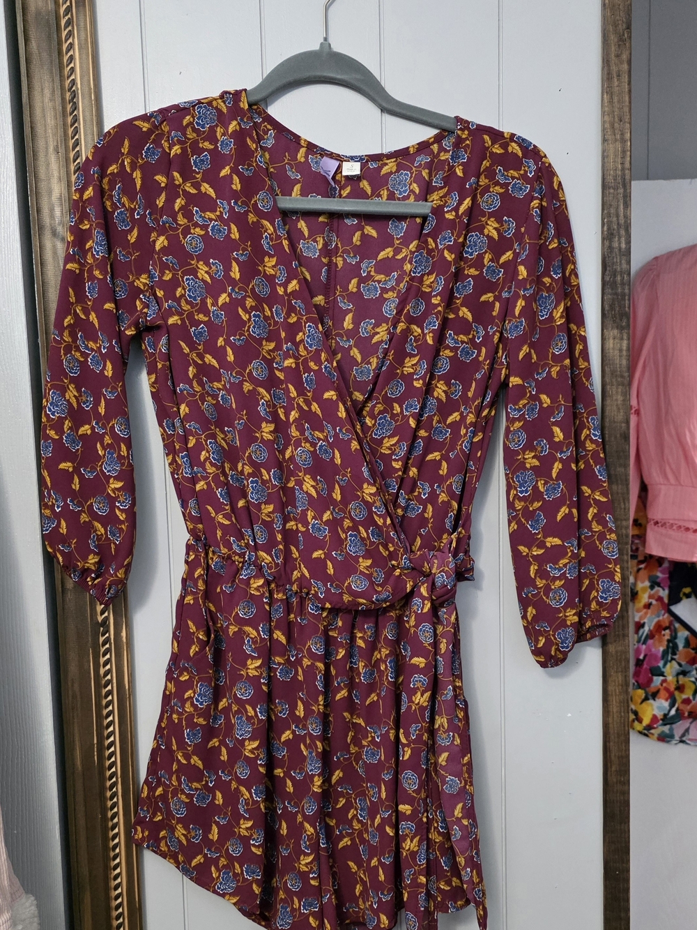Alya Burgundy Floral Wrap Romper with Blue and Mustard Blooms